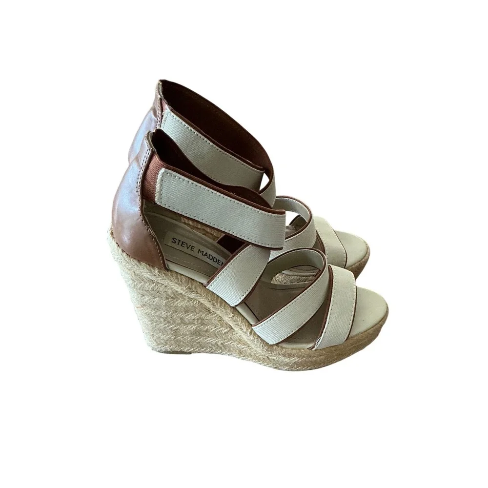 Steve Madden Erryn Womens Espadrille Wedge Sandals Cream Brown Size 7 Jute Heel‎